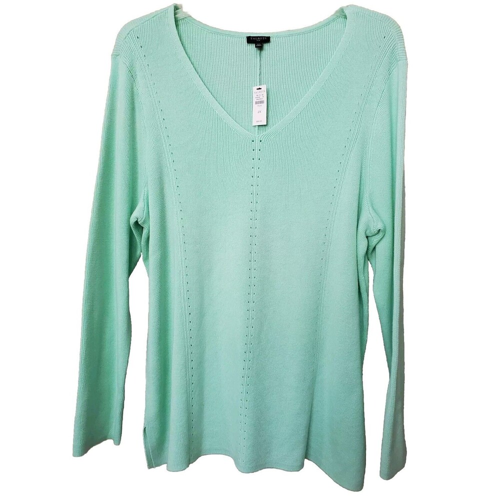 Talbots Plus Green Cotton/Tencel Lyocell Long Slv V-Neck Sweater Tunic Sz 2X NWT